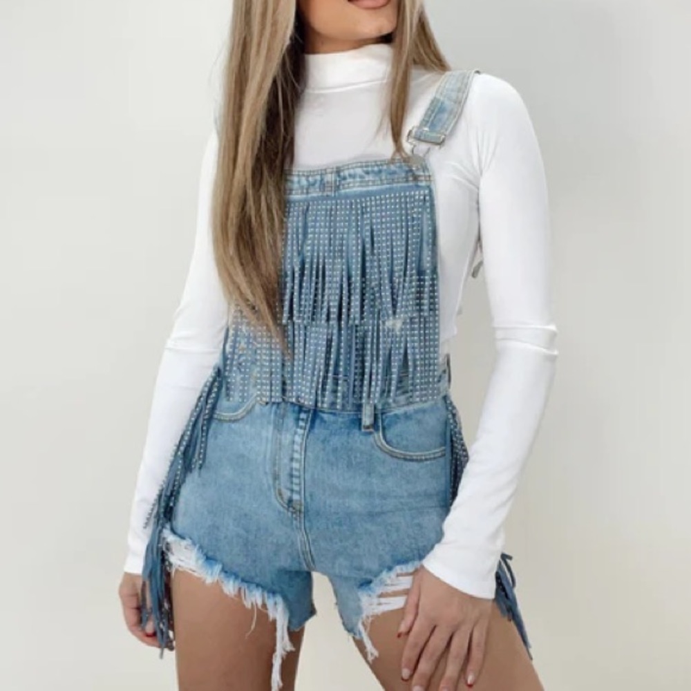 Denim Fringe Overalls
